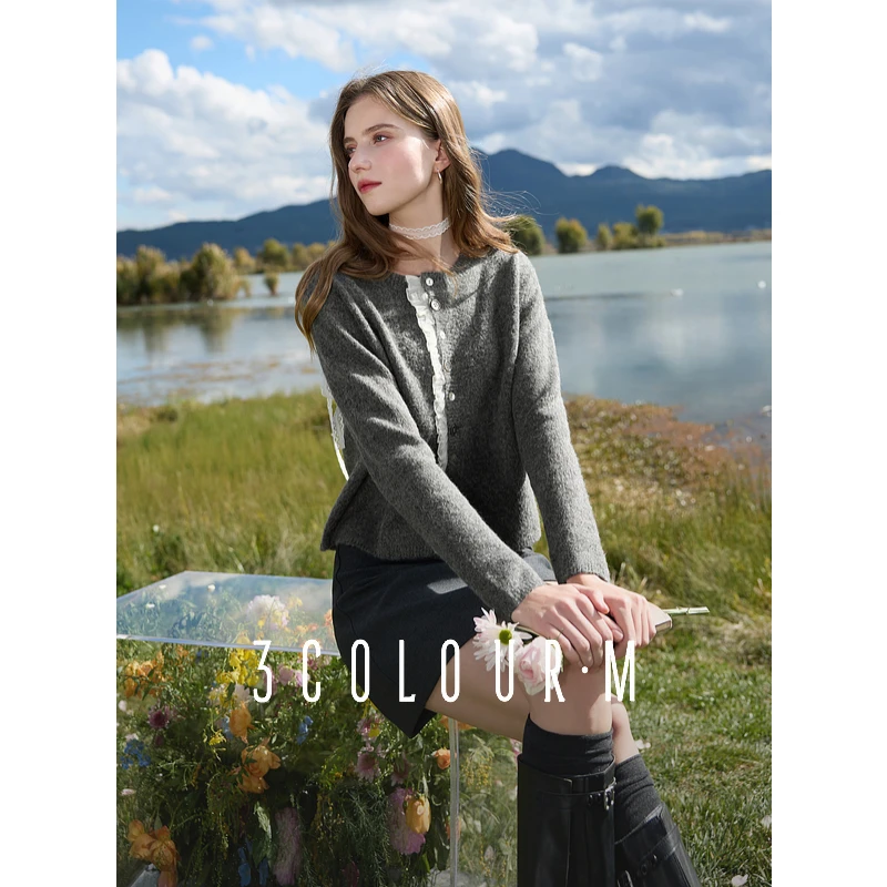 【陈大可专属】三彩2025春季新款花边拼接毛衣开衫圆领长袖针dbx