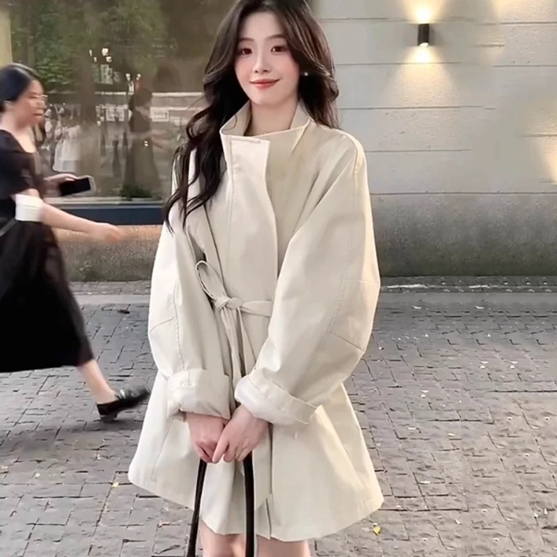 中长款白色立领风衣外套女2025春秋新款小个子韩系高级感日系休闲