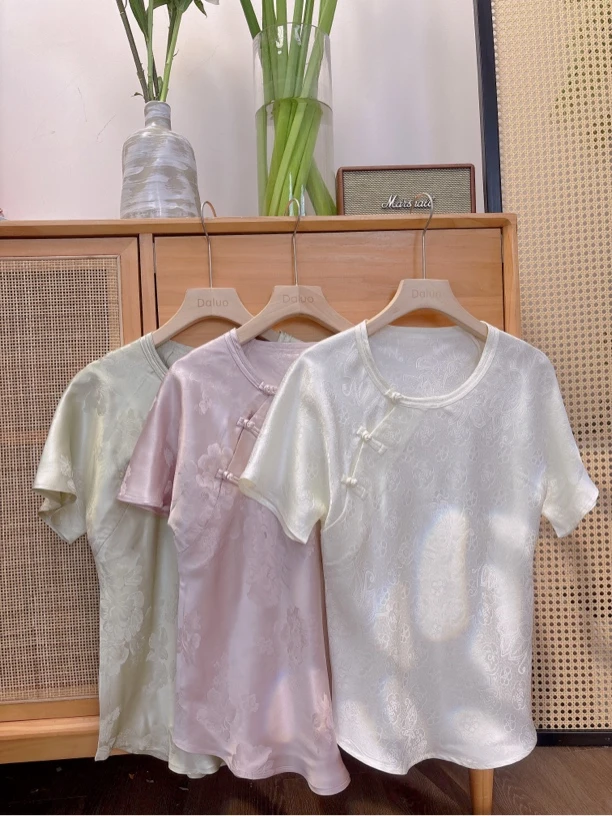 【雪见】满分桑蚕丝45姆米重缎斜裁显瘦上衣新中式短袖衬衣