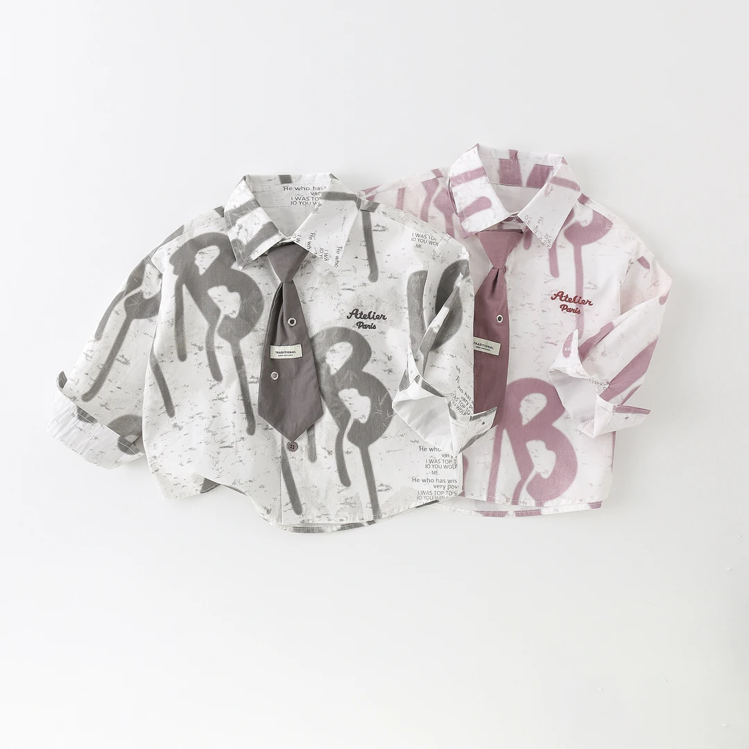 儿童衬衫2025春季新款男童时髦洋气百搭印花字母翻领衬衣外套