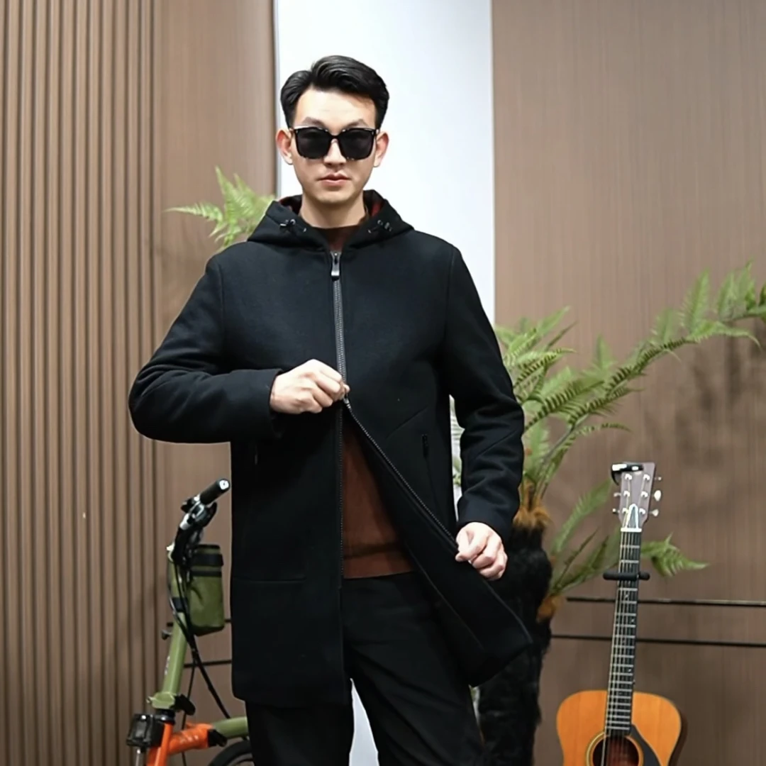 GS9043秋冬新款连帽红黑格阔版青年运动高档男士休闲男款羊毛大衣