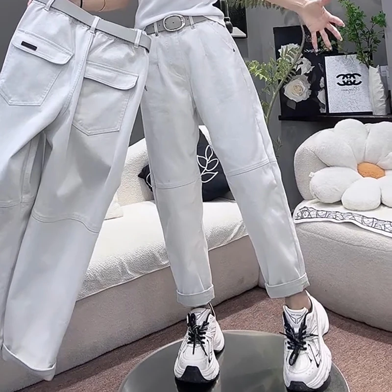 梨形显瘦大码哈伦老爹裤牛仔裤子女月光灰高腰弹力2025年春季新款