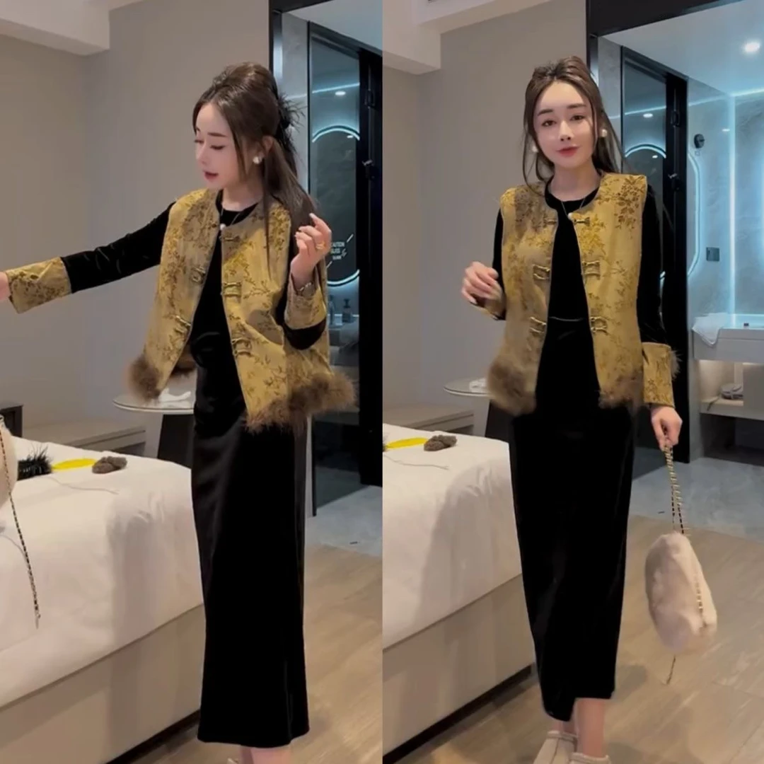 秋冬新款国风设计款提花马甲加打底衫时尚穿搭两件套套装