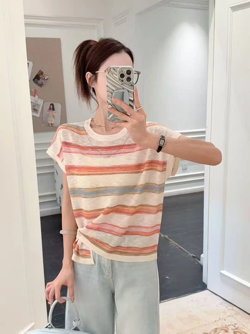 夏季新款宽松条纹针织衫女装短袖圆领百搭薄款显瘦上衣T恤打底衫