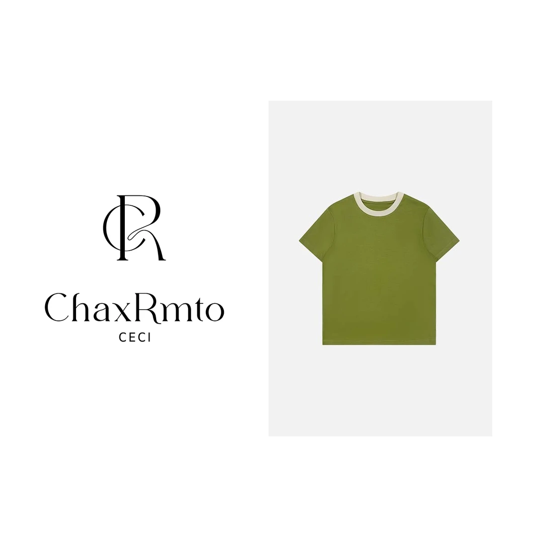 ChaxRmto斯斯 春季纯棉圆领拼接领口显瘦百搭短袖T恤 SC1A0357