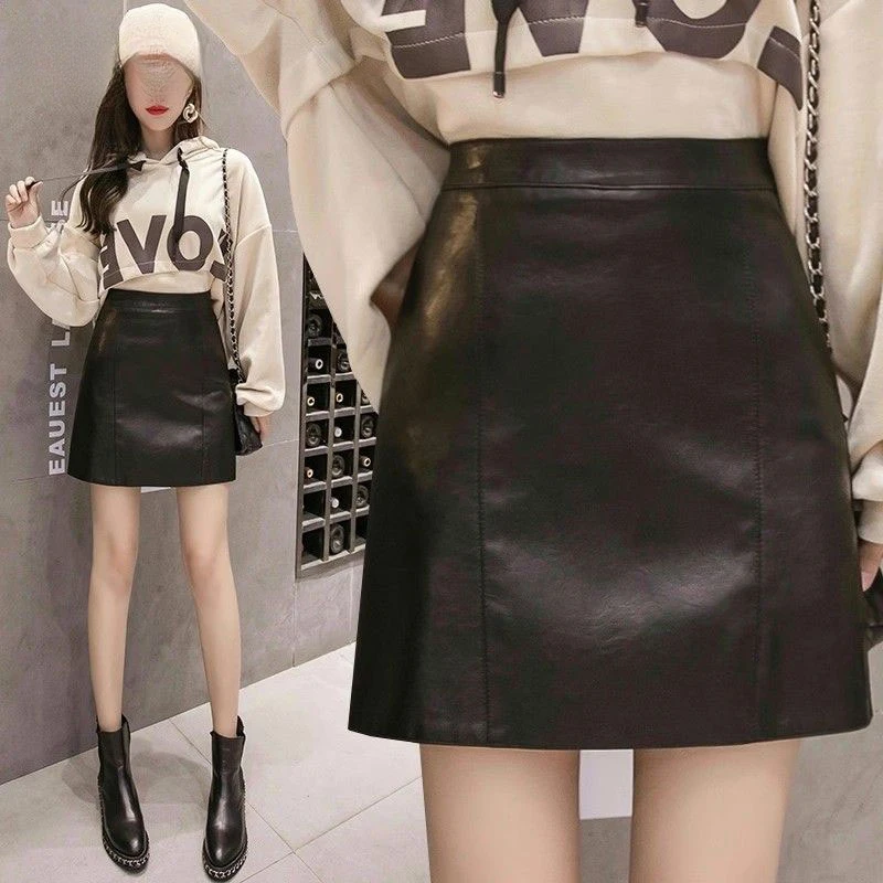 韩版黑色半身裙秋冬遮胯显瘦短裙高腰PU皮裙A字裙包臀裙子