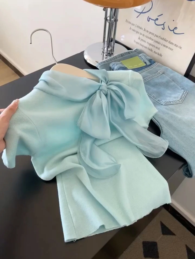 韩系时尚网红蝴蝶结短袖上衣女夏季款2025韩系小众薄款针织衬衣