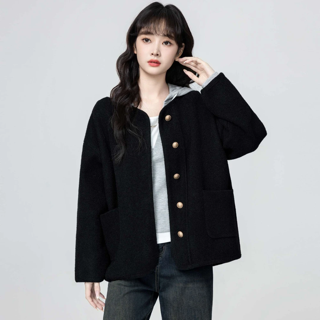黑色小香风毛呢外套女秋冬2025秋季新款休闲宽松双面呢子开衫上衣