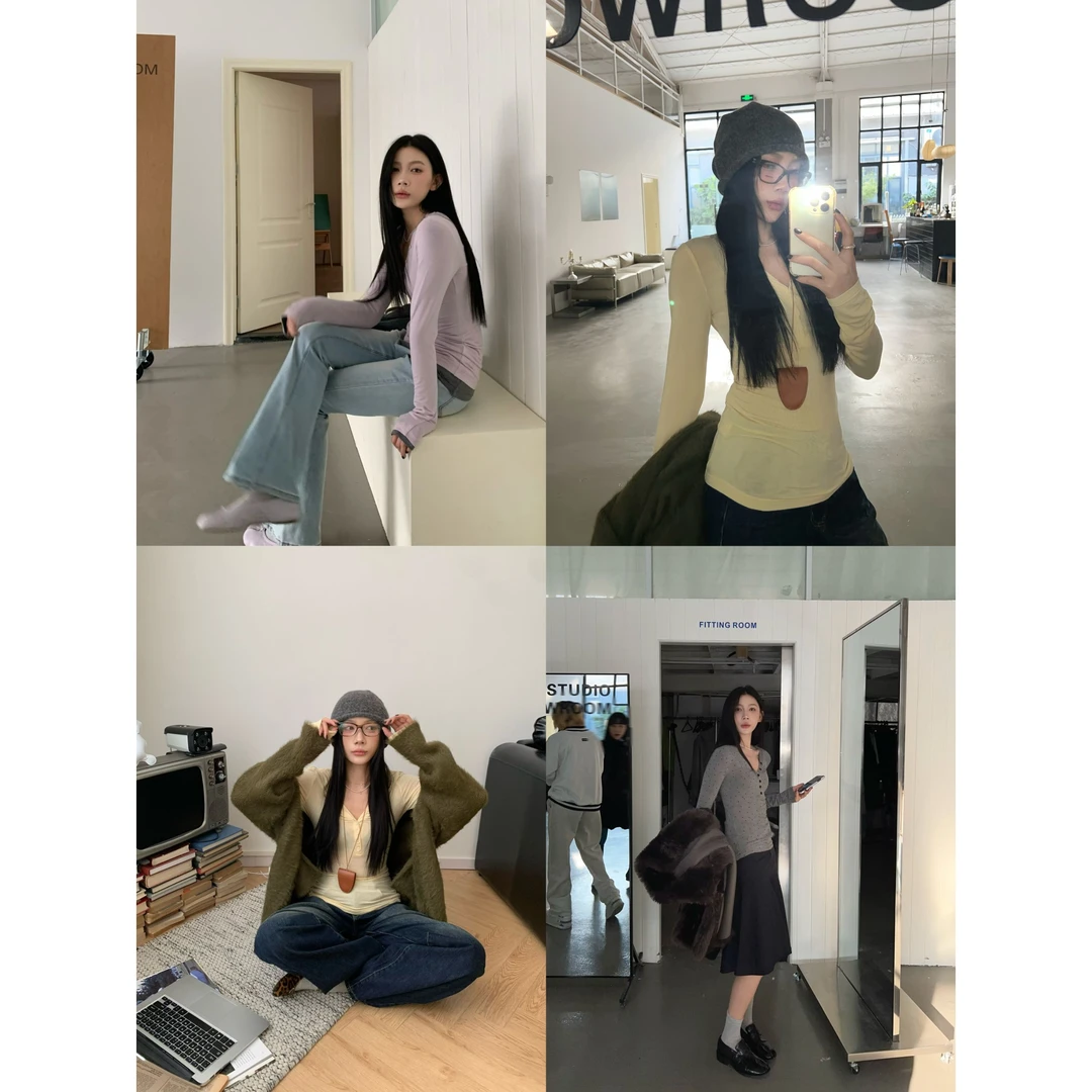 70不是七十【约素致雅】初春多色波点针织V领收腰修身款上衣