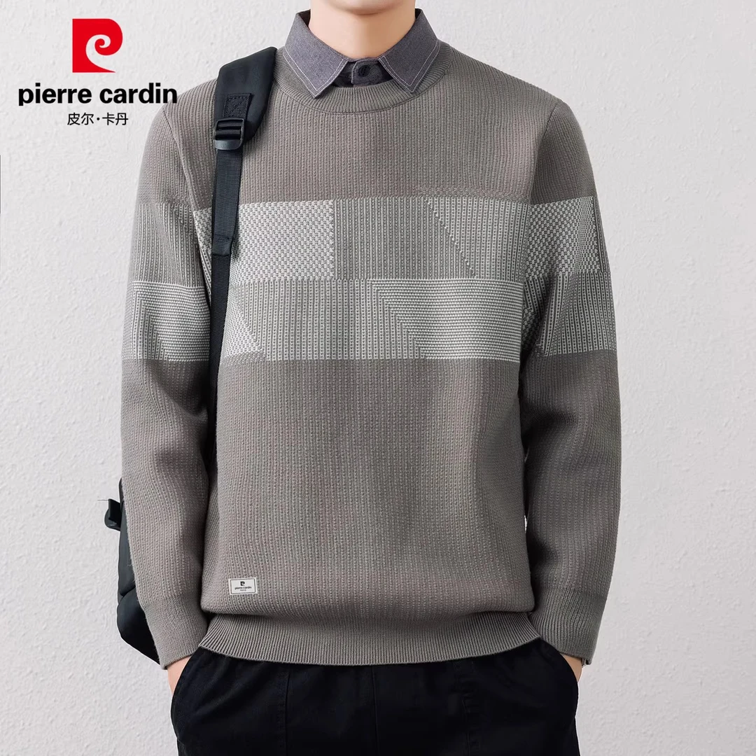 皮尔卡丹男士假两件毛衣2025秋冬新款高端衬衫领休闲打底衫男装