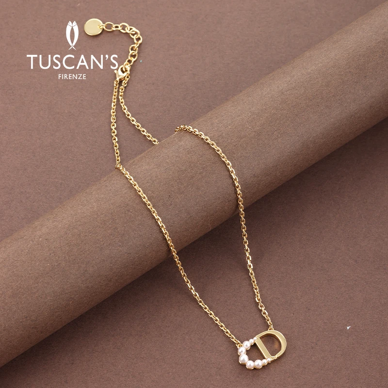 TUSCAN'S 铜合金仿珍珠耳饰 字母简约女金色精致百搭案镶钻项链
