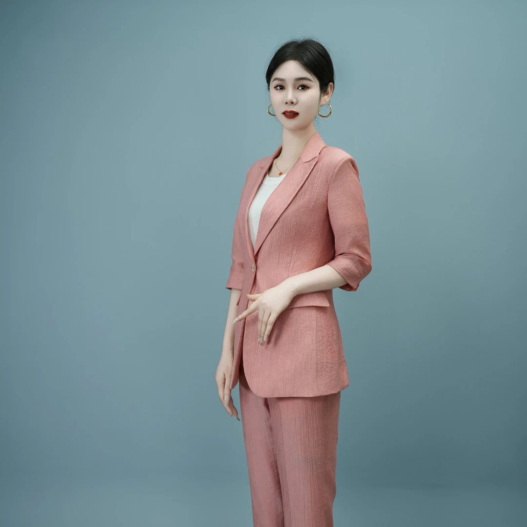 Falaibang/法莱邦22912粉黑双色夏款中袖小脚裤西装套装