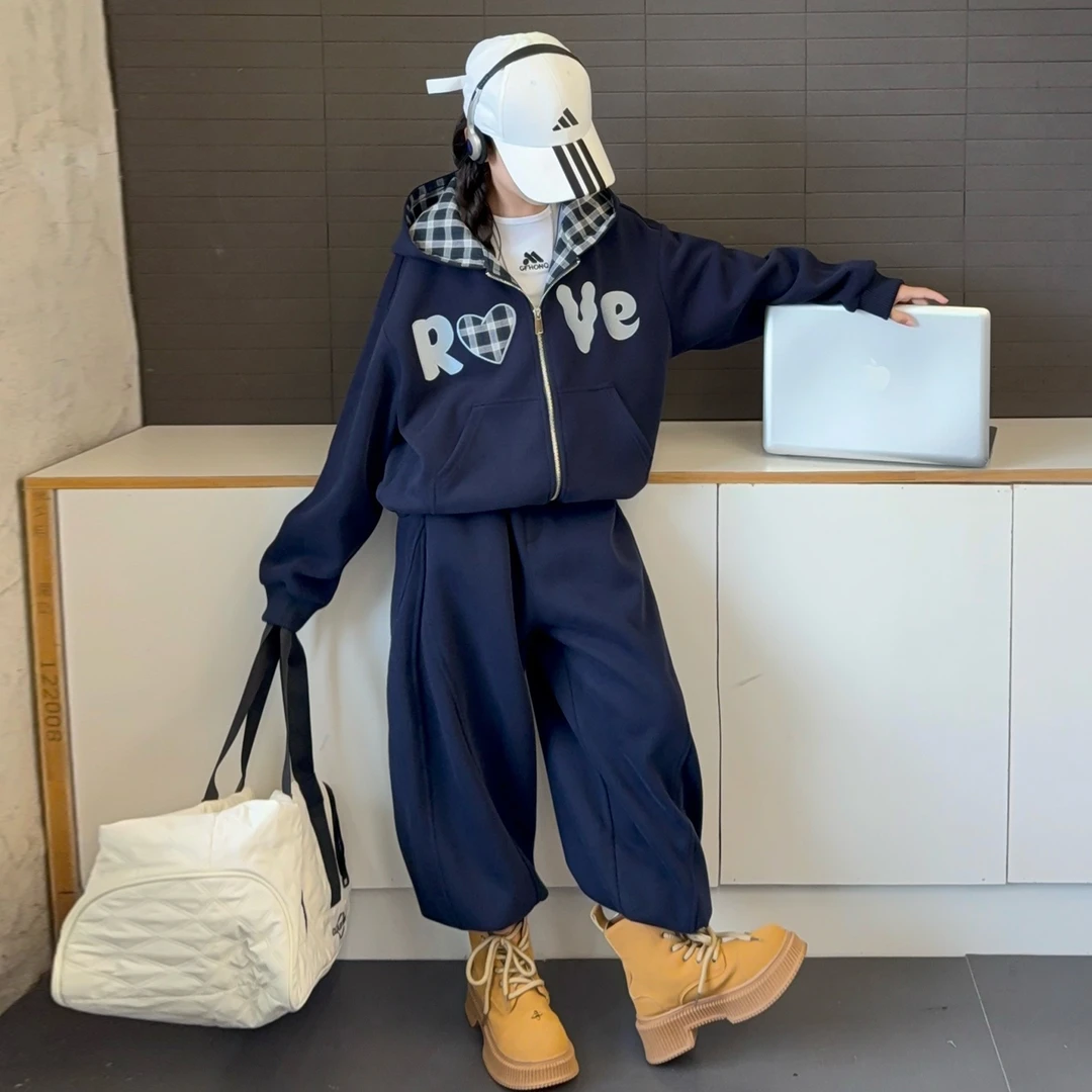 女童网红炸街卫衣套装秋装2025新款女大童拼色连帽运动衣服两件套