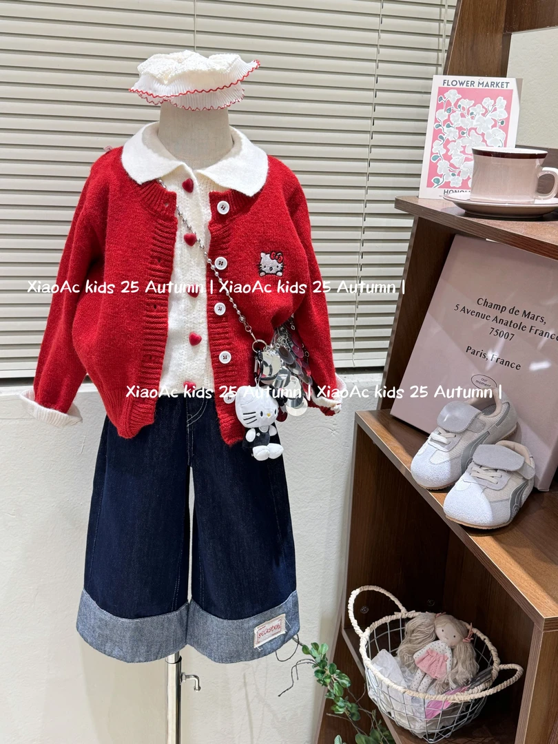 韩系女童秋冬可爱KT假两件红色加厚开衫女宝简约百搭翻边单宁裤