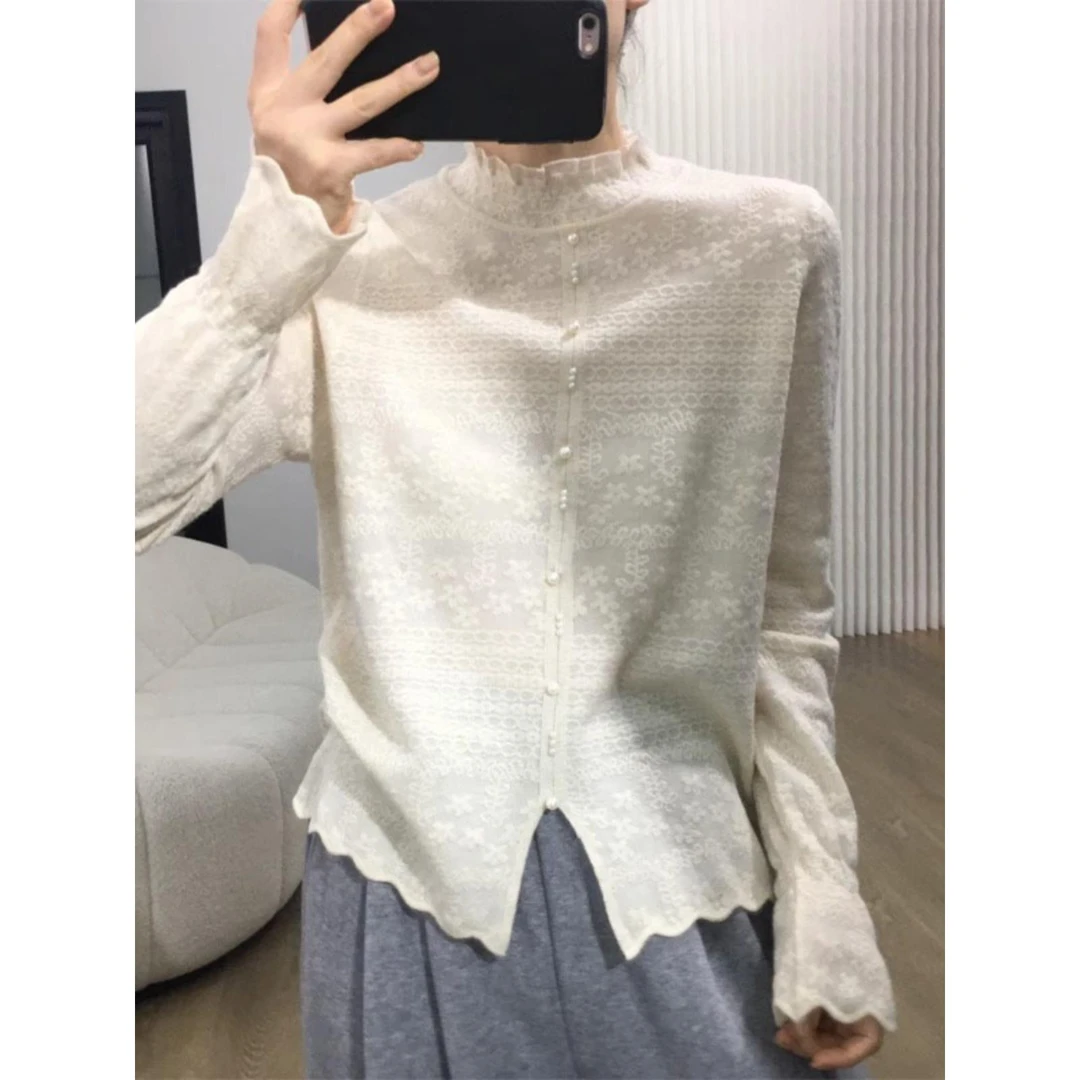 【万达撤柜】时尚的减少年龄的半高领开衩纽扣蕾丝针织衫春季多功能