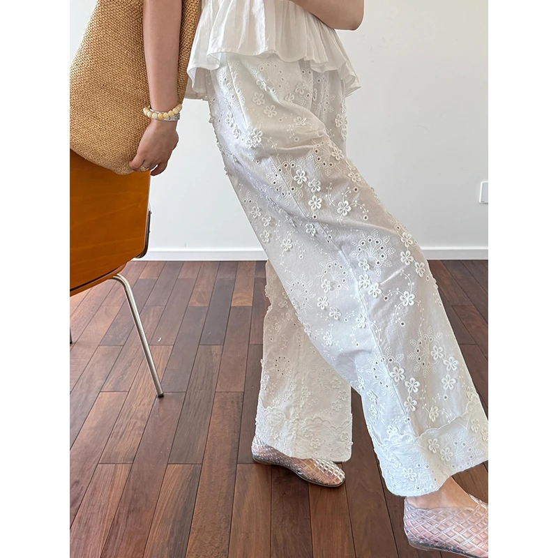 【刺绣花卉】新中式国风睡裤女夏季复古高腰直筒宽松休闲遛弯长裤子