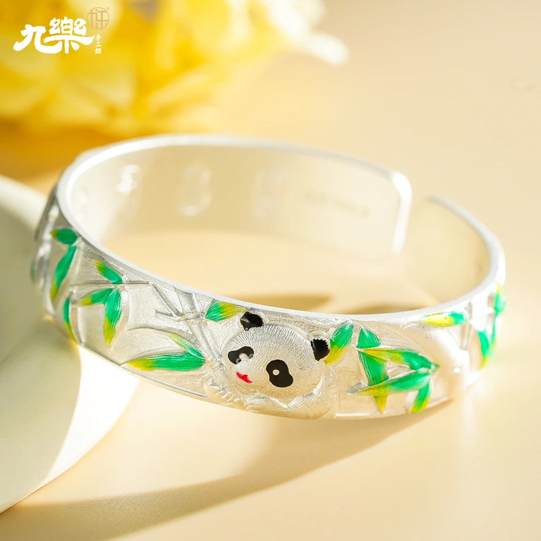 九乐 足银珐琅手镯 999纯银国色熊猫手镯女国潮金典传承首饰可爱