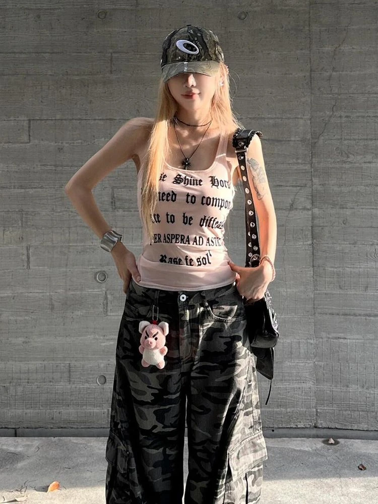 美式甜辣粉色工字字母印花吊带背心女2025新款夏季多巴胺纯欲上衣