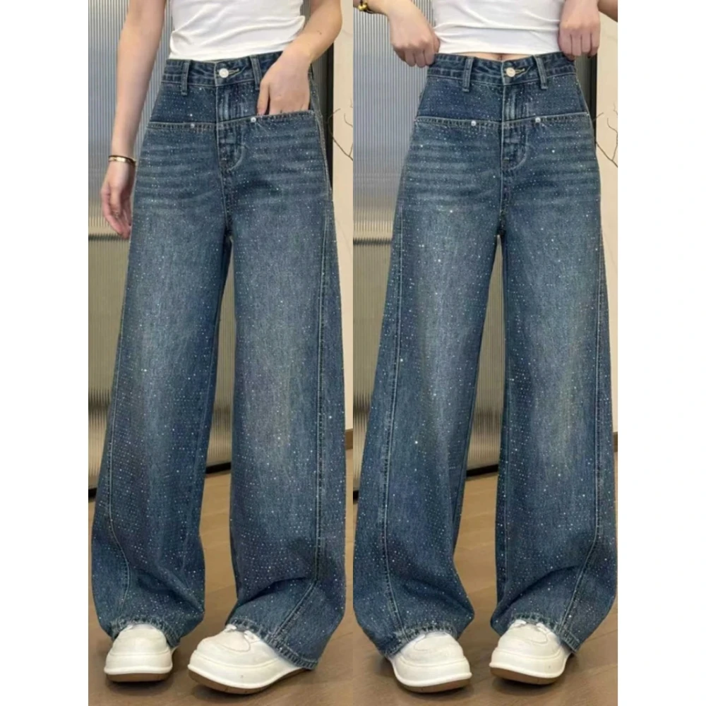 大码满天星牛仔裤女2025夏季新款重工闪钻宽松高腰直筒阔腿长裤子