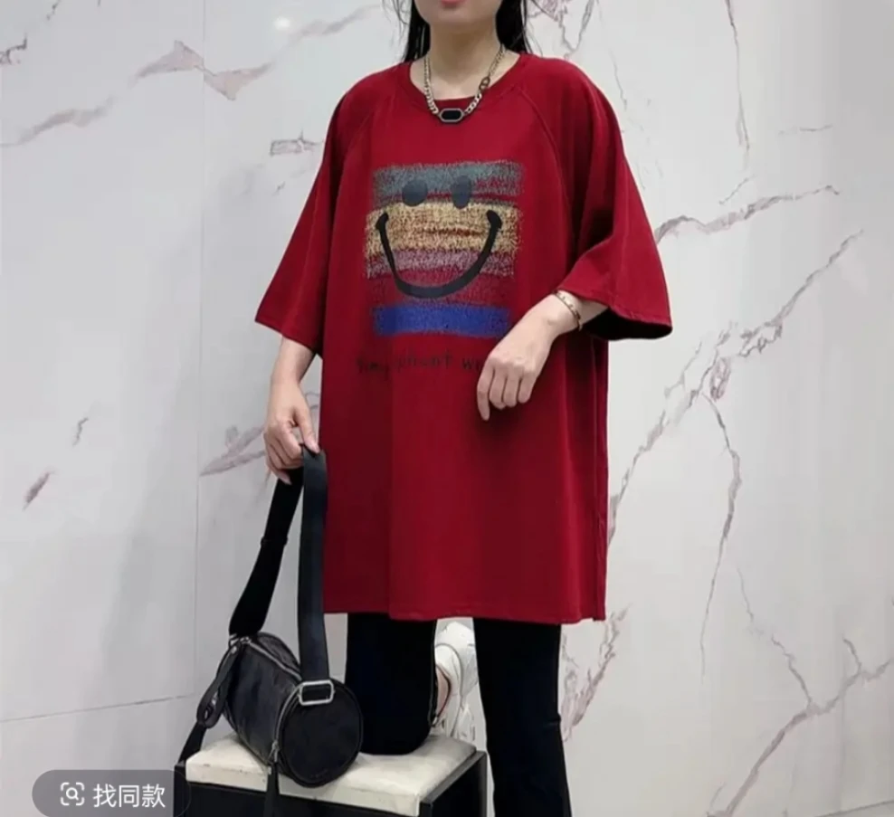 卡通笑脸中长款字母百搭夏季圆领印花T恤短袖吸汗重工红色大码