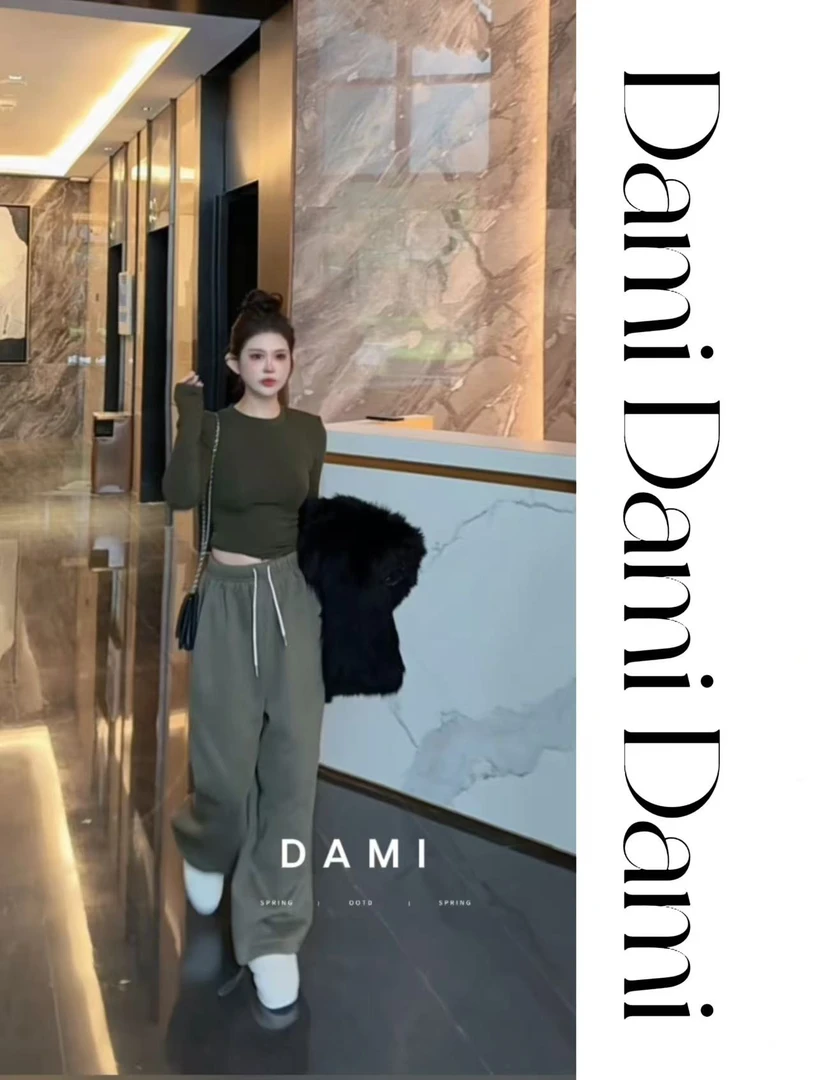 Dami 军绿色设计感潮流宽松显瘦拖地休闲裤女加绒款裤脚可调节