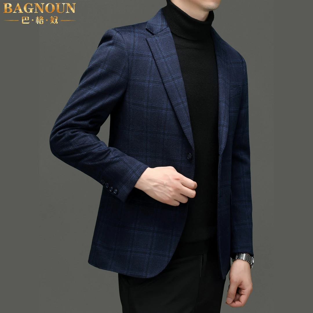巴格奴西服男士秋冬季新款时尚高端羊毛羊绒格子商务休闲毛呢上衣