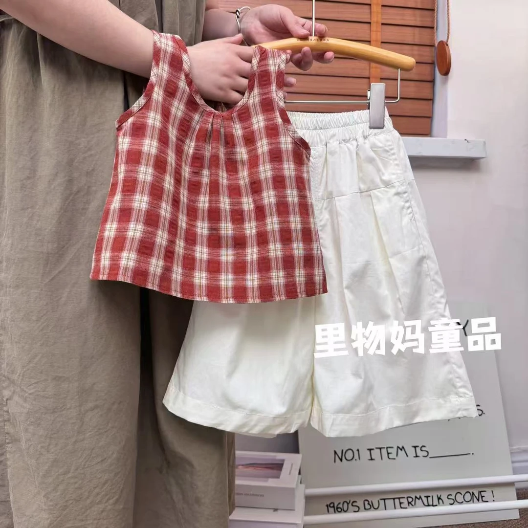 2025夏季女童韩版复古格纹无袖背心娃娃衫奶芙裤两件套