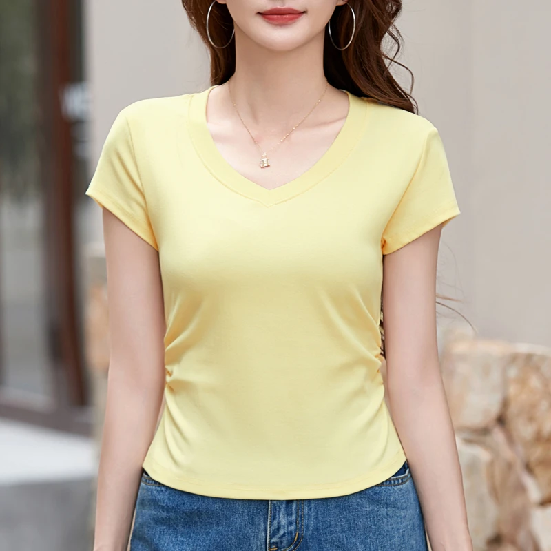 V领短款（7个色）洋气法式夏季抽褶短袖小众t恤时尚欧若精灵风