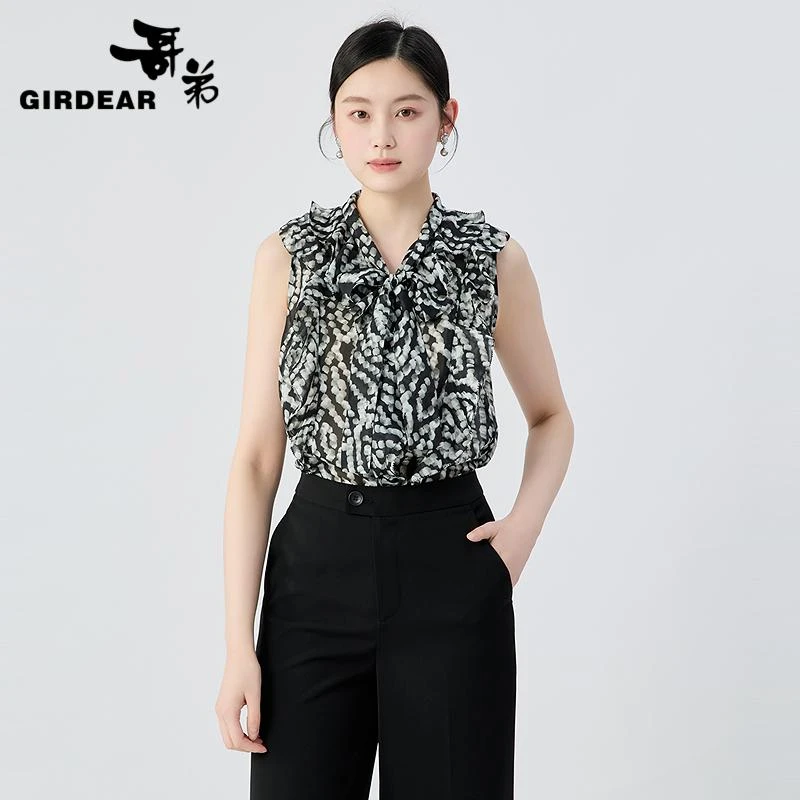 GIRDEAR/哥弟气质时尚复古荷叶飘带无袖印花衬衣130022