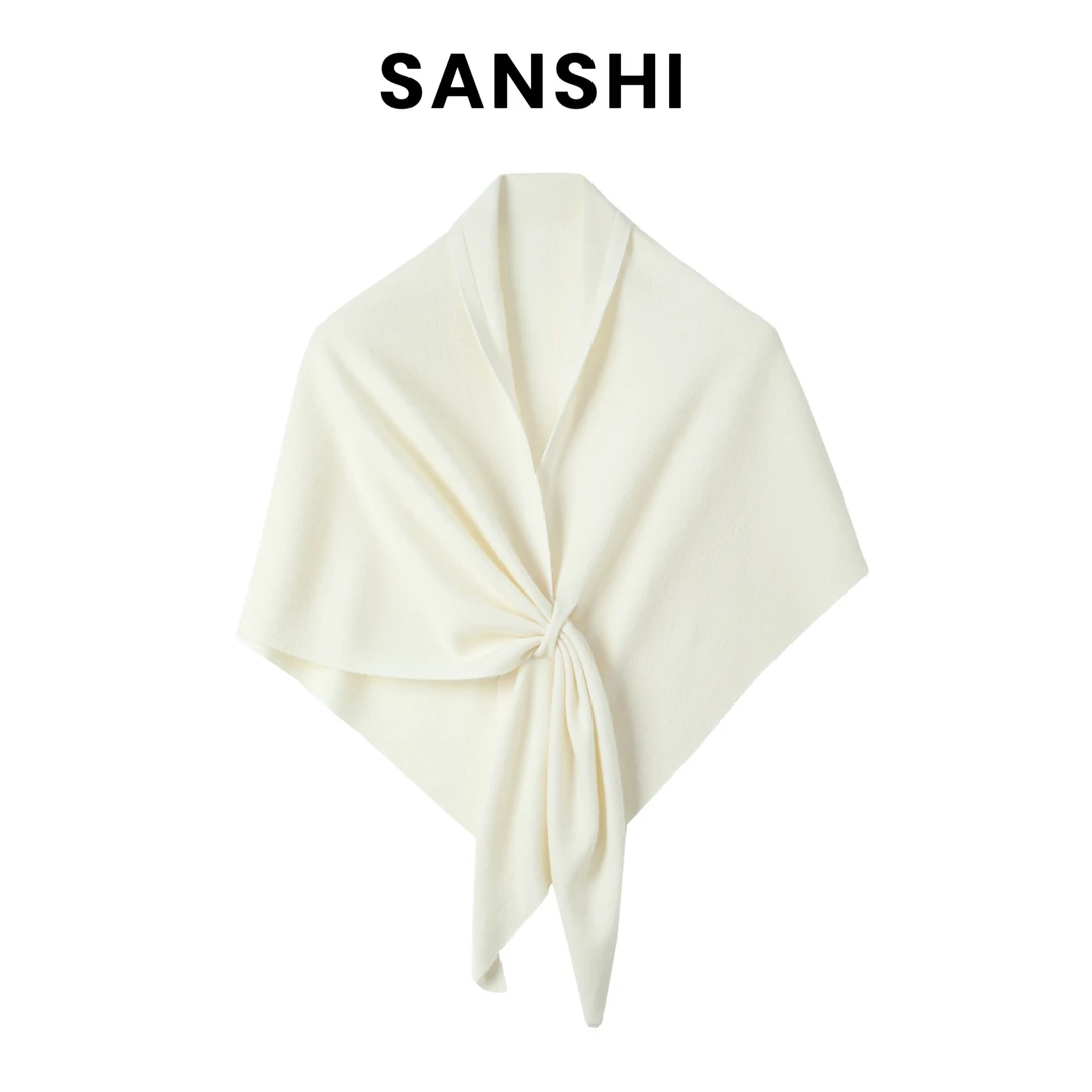 SANSHI【三角披肩】100%软糯绵羊毛纯色围巾加长加宽针织三角巾送礼