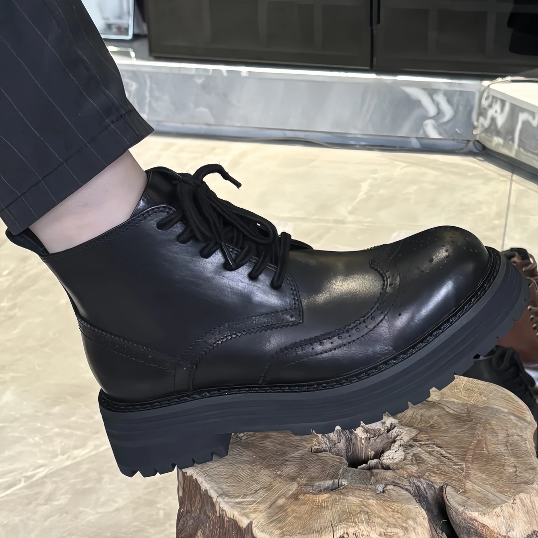 欧美风复古港风男鞋耐磨真皮马丁靴男士防滑系带擦色皮车缝线增高