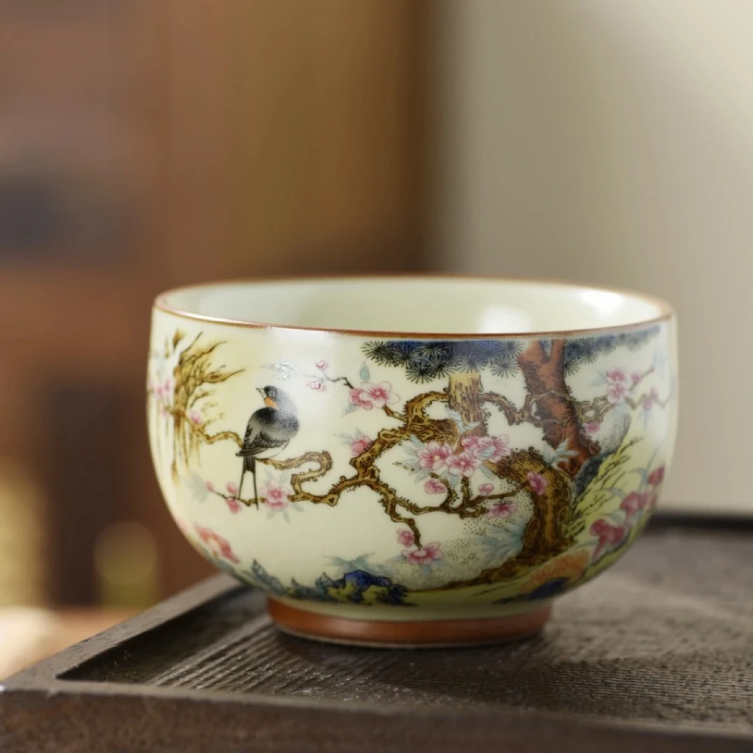 岑汝花鸟禅定杯开片铜钱主人杯