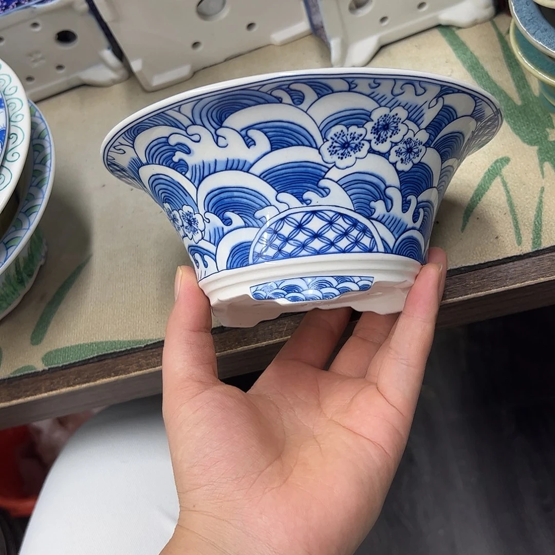 花盆紫砂182号瑕疵17/7cm仿手绘海浪花纹