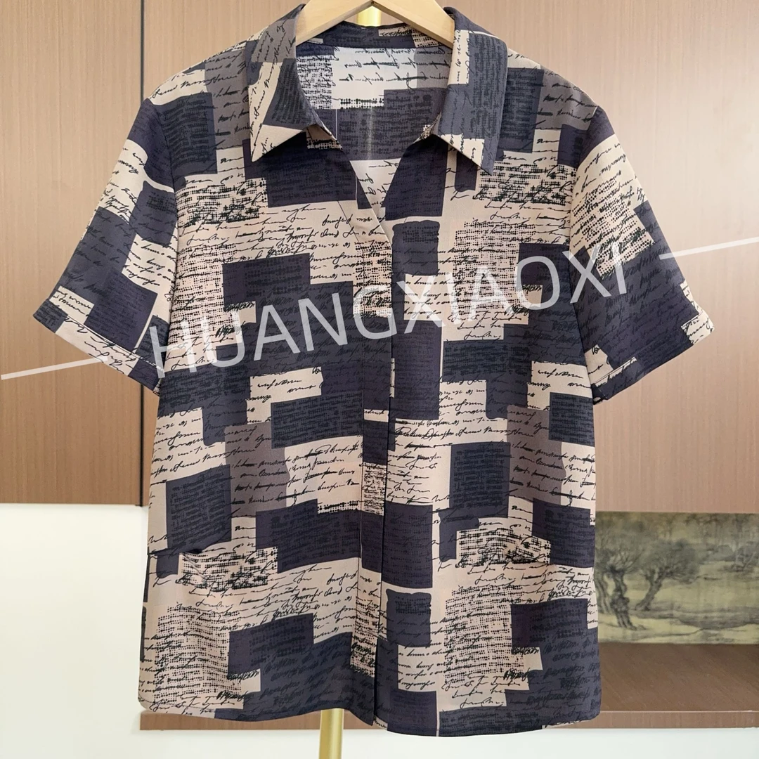 HUANGXIAOXI 复古抽象画报翻领V领短袖小衫 HXX-161