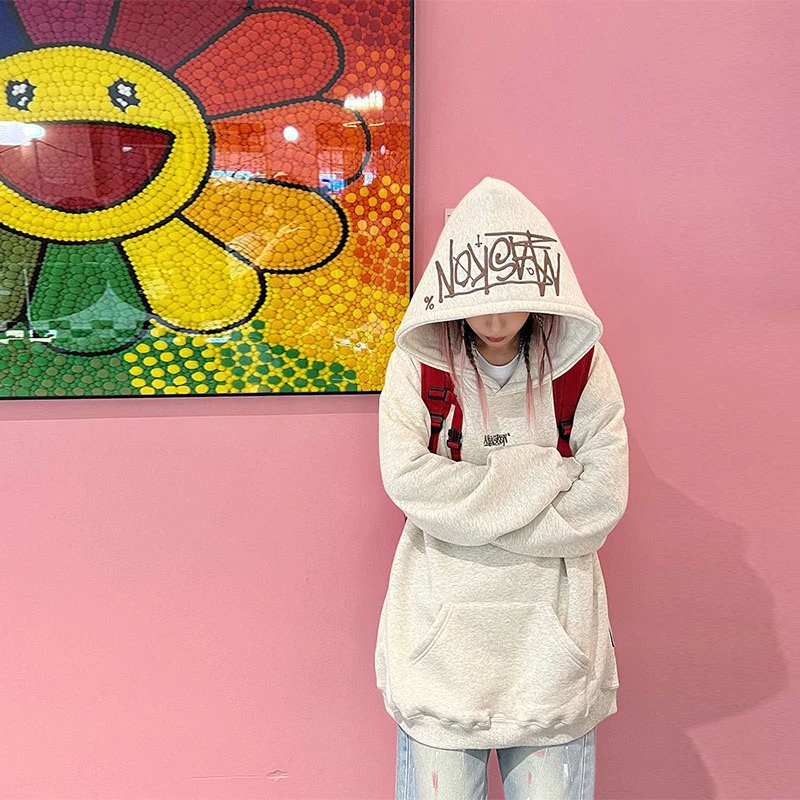 小众字母刺绣连帽卫衣女秋冬季美式高街加绒加厚宽松学生外套上衣