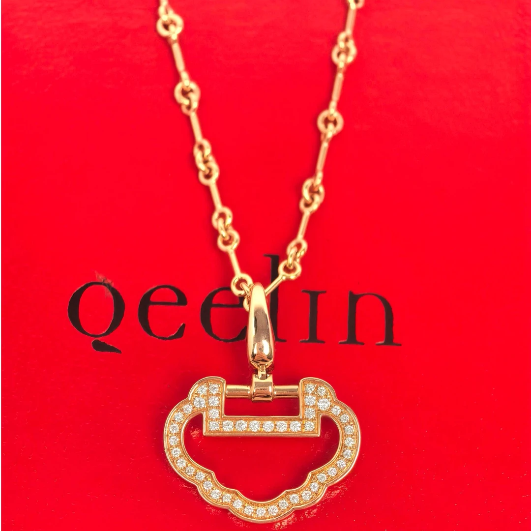未使用 Qeelin 小花6欢 如意锁 满钻 项链 18k玫瑰金 24年