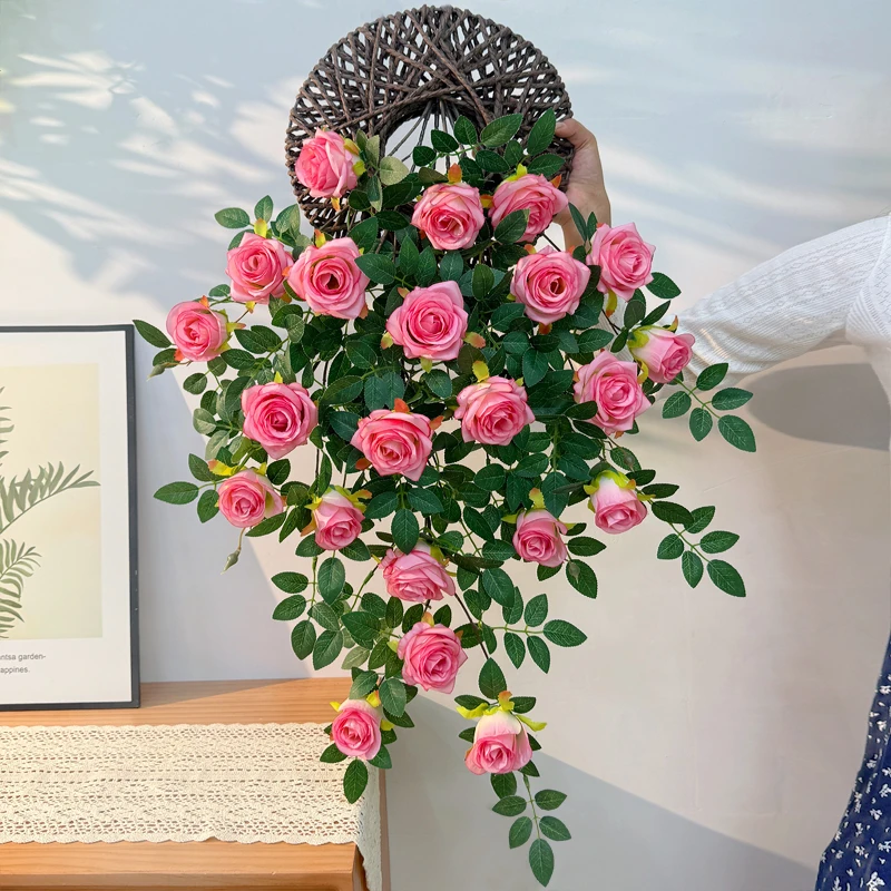 【送飞盘】高级感逼真甜心玫瑰花壁挂花客厅墙面装饰吊兰室内小花墙