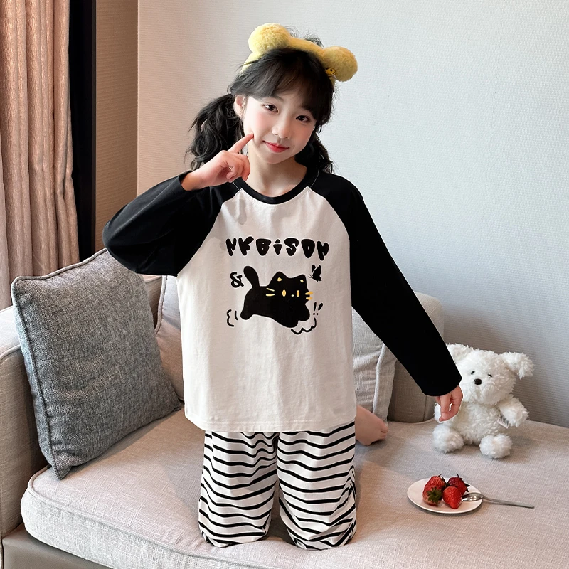 家居服儿童薄款女孩纯棉长袖条纹宽松套装学生中大童女童睡衣猫咪