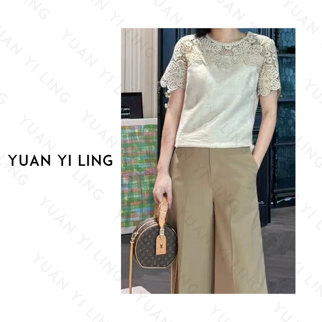 袁艺灵【尼罗花园】夏季款 重工金丝亚麻定制水溶蕾丝拼接女装短T恤