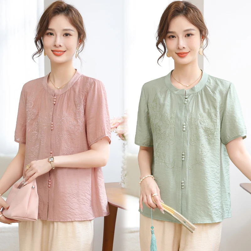 2025年夏季新款阔太太气质中老年女装上衣潮流休闲时尚短袖新中式