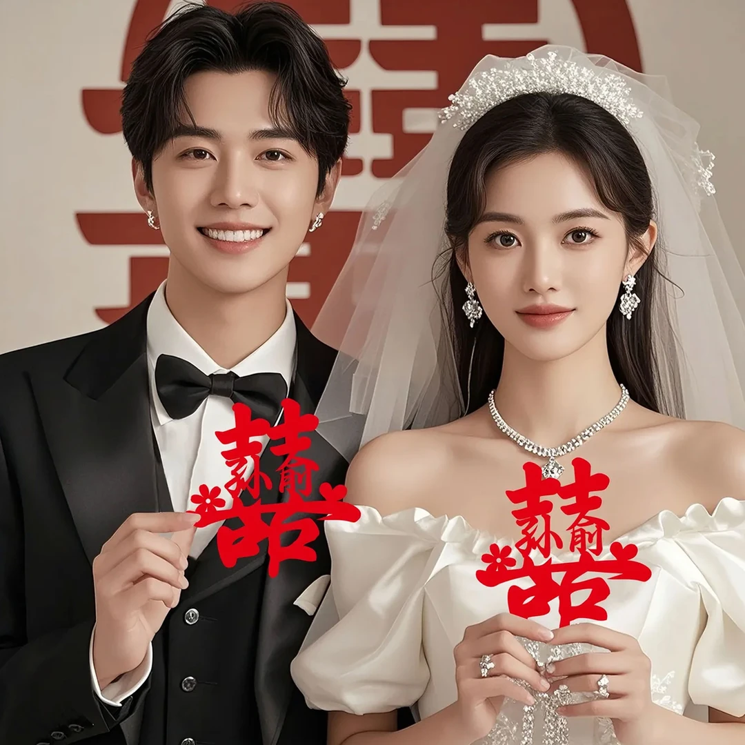 姓名喜字领证登记摆拍道具迷你喜字贴旅拍订婚手拿喜字植绒结婚用