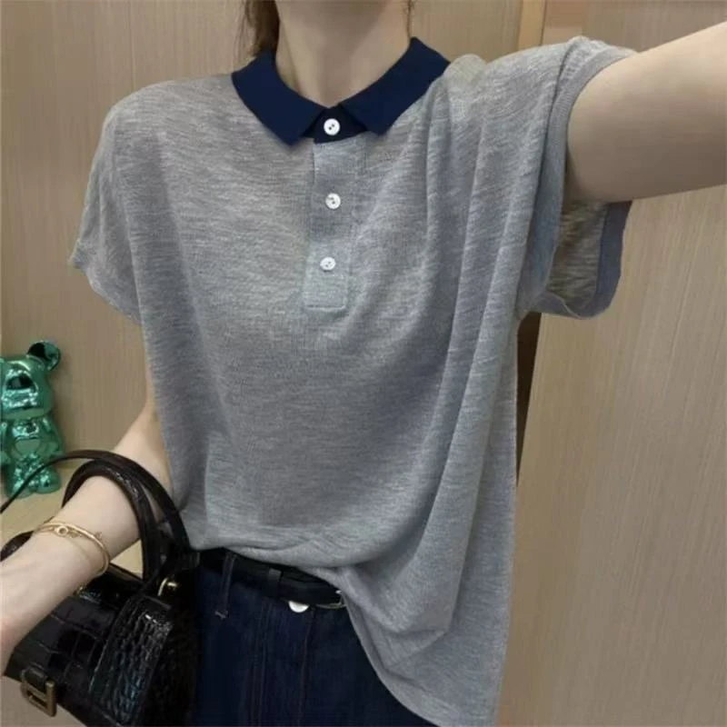 LB夏季显瘦白扣子短袖时尚宽松气质天丝亚麻上衣