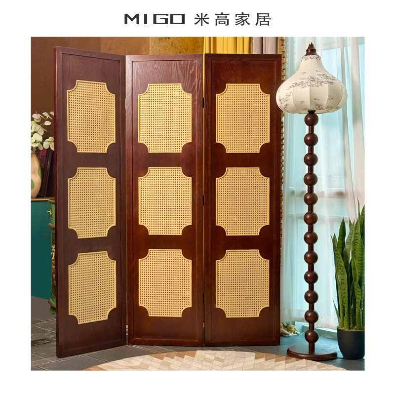 【米高家居】 白蜡木如意折叠屏风印尼藤编新中式移动客厅玄关隔断