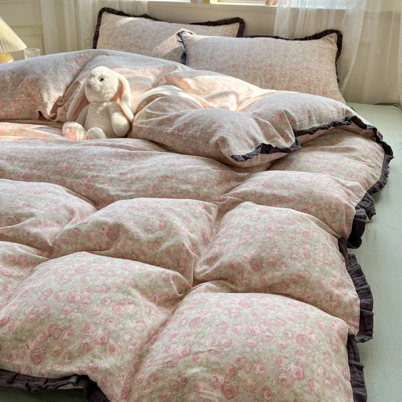 全棉双层纱四件套小清新薄款韩式小碎花花边款公主风纯棉被套床品