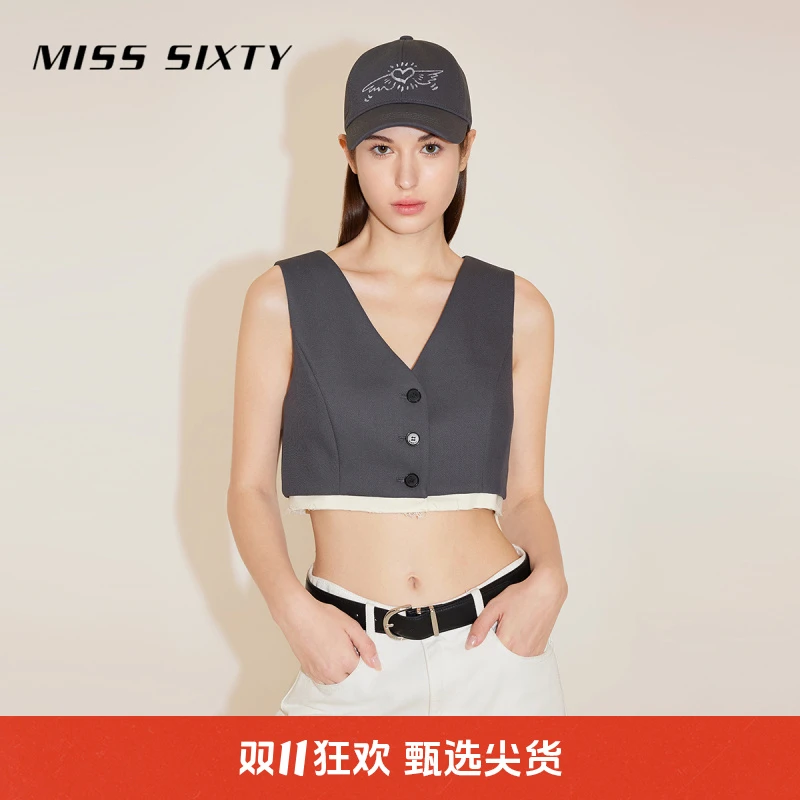 【达人专属】Miss Sixty春季新款马甲女V领无袖短款拼接外套复古百