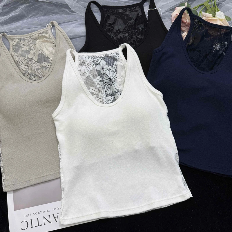 早秋新款女士性感镂空蕾丝美背微透一体杯U领百搭吊带背心打底潮