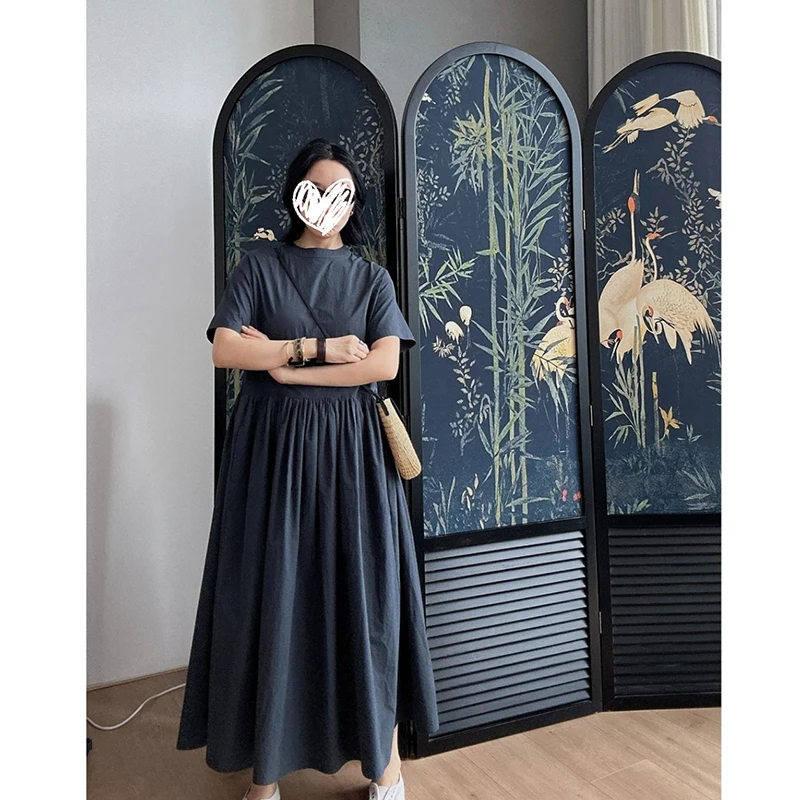 【藏风铃】大大圆领短袖中长款连衣裙夏季简约休闲百搭长裙女