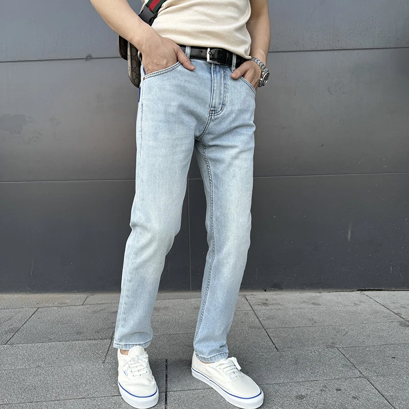夏季薄款牛仔裤男士天蓝色九分裤修身小脚时尚潮流2个裤长可选择