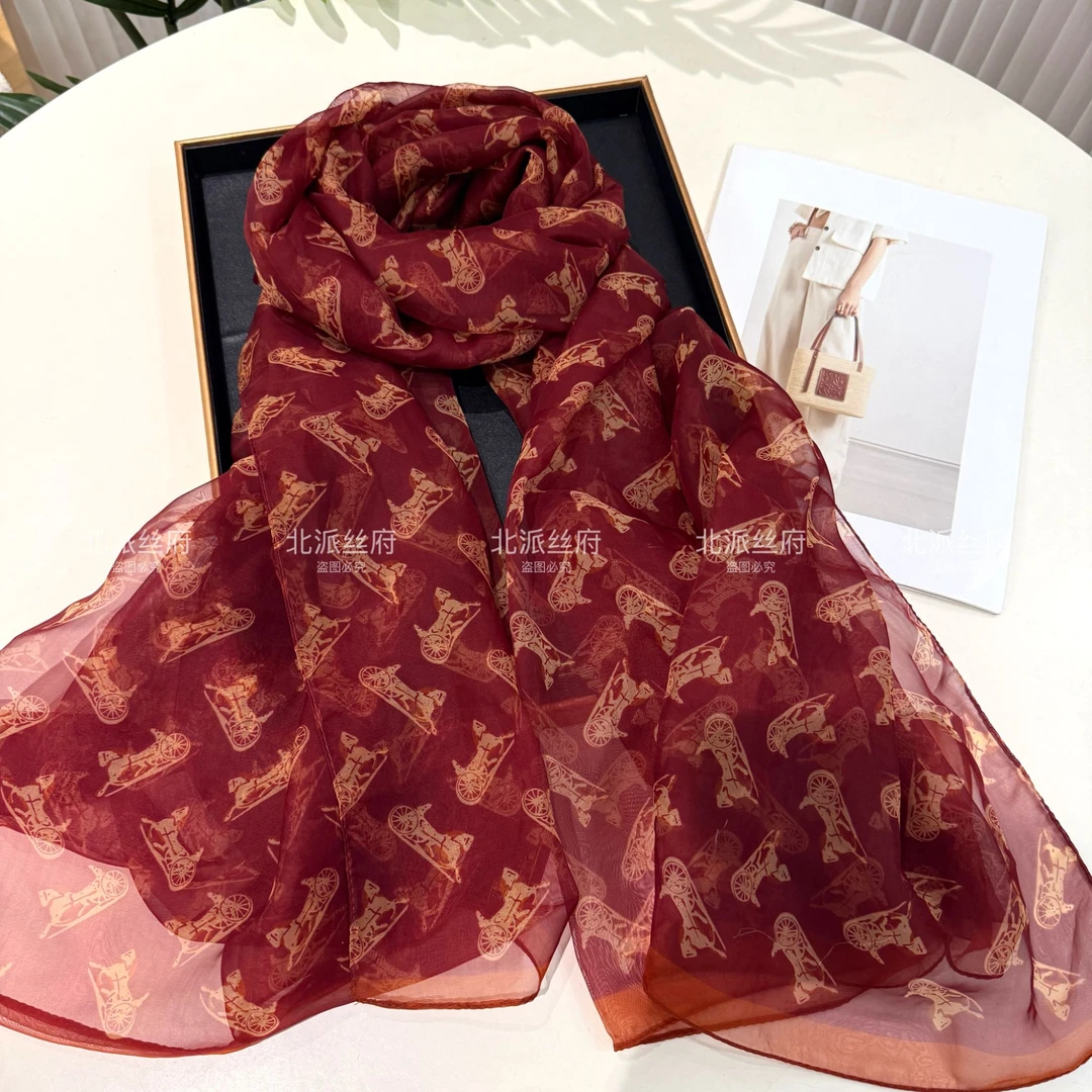 【云间万马-红】北派A130*180云锦纱透气百搭优雅时尚高端长巾丝巾