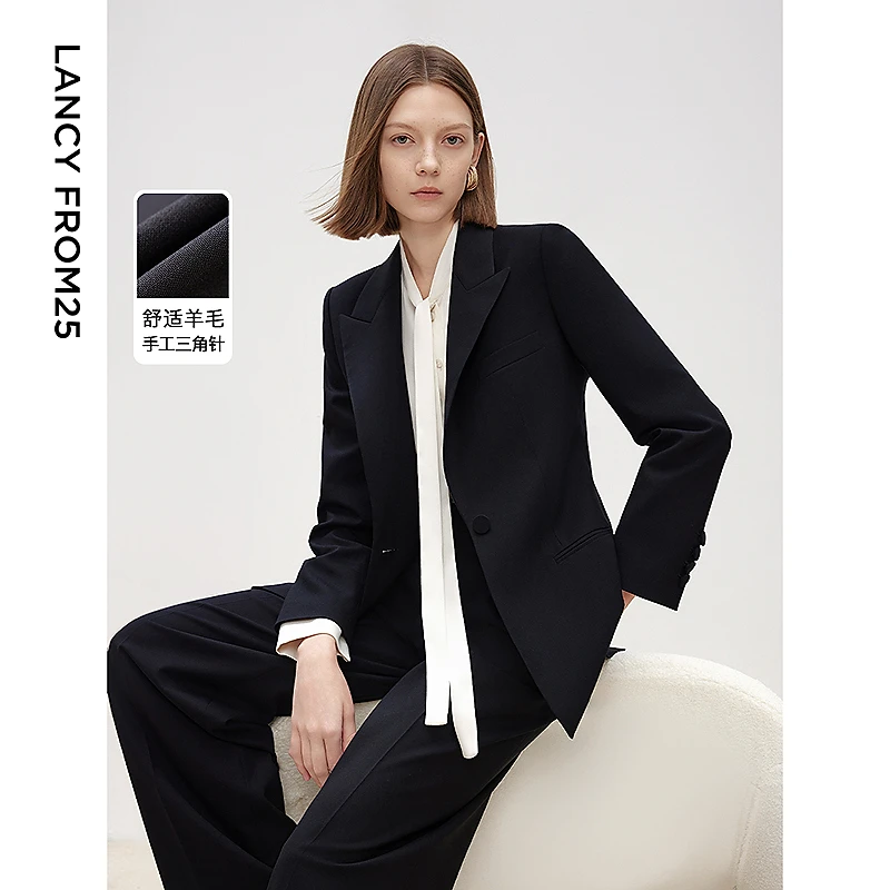 朗姿羊毛西服职业外套上衣气质高级感复古2025年春季新款黑欧若风